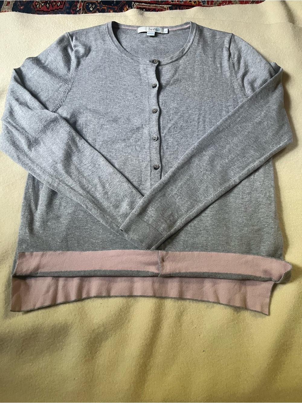Boden Women’s Gray Crewneck Button Cardigan with Pink Hem